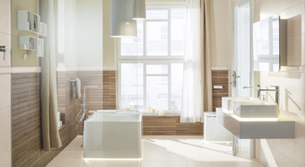 RAKO | Koupelna z obkladů s imitací kamene ve světle béžové barvě a s imitací dřeva v hnědé barvě s reliéfním dekorem lamely.