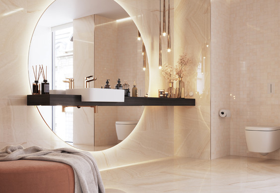 RAKO | Koupelna s imitací mramoru typu onyx s originální barevností a žilkováním v béžových tónech.