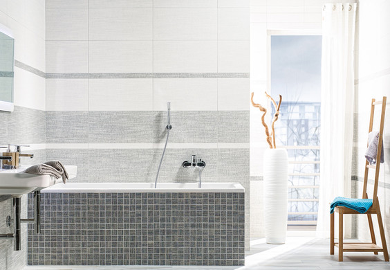 RAKO | Koupelna v šedé barvě s reliéfní strukturou a designem tkaniny.