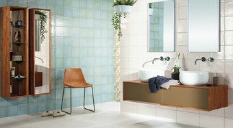 RAKO | Koupelna v rustikálním retro stylu v trendy modrozeleném odstínu a bílé barvě. Lesklý povrch a falešná mozaika.