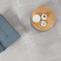 RAKO | Obývací pokoj v industriálním stylu. Na zdi i na zemi dlažba ve formátu 60 x 120 cm v šedé barvě s imitací betonu.