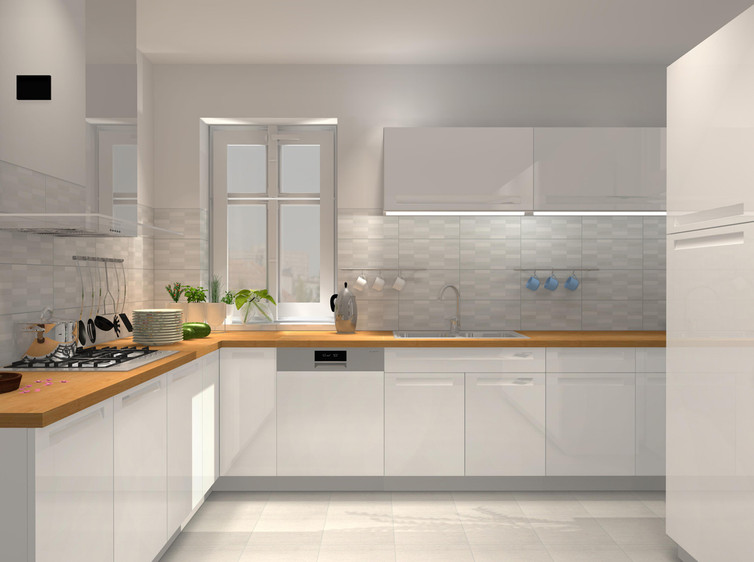 RAKO | Bílošedý obklad s imitací pískovce a s drobnými vícebarevnými obdélníčky.