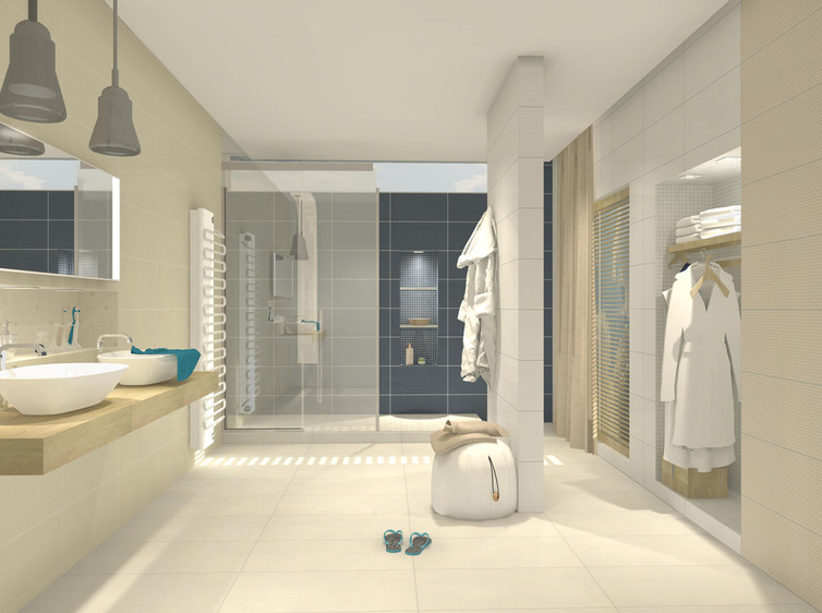 RAKO | Koupelna v kombinaci bílé, modré, světle i tmavě béžové barvě. Dekorovaný obklad.