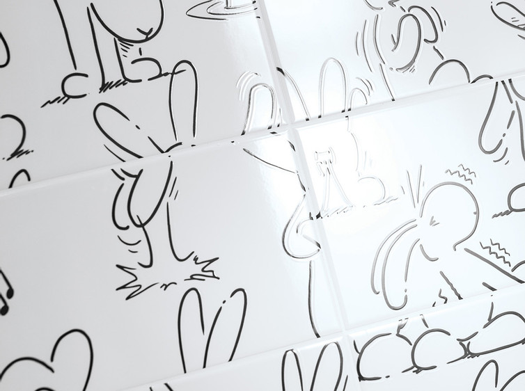RAKO | Detail nahodilé kombinace obkladů s designem animovaných králíků Boba a Bobka.