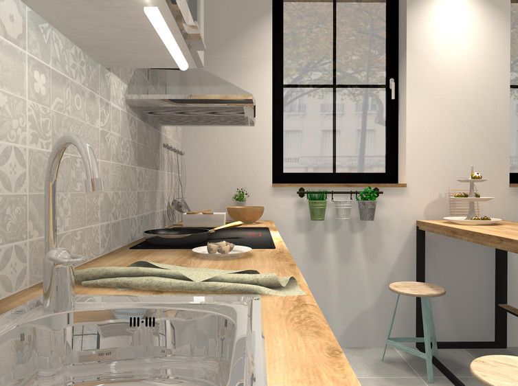 RAKO | Kuchyně ve světle šedé barvě s imitací betonové stěrky a dekorem patchwork.
