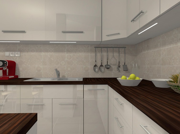 RAKO | Kuchyně ve světle šedé barvě s imitací betonové stěrky a dekorem patchwork.