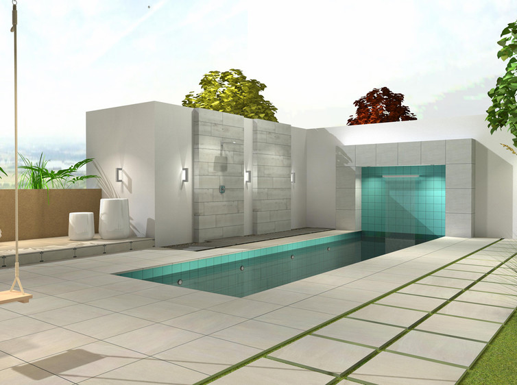 RAKO | Vizualizace pokládky dlažby s 2 cm zesílenou tloušťkou k bazénu. Použité různé druhy pokládky suchou cestou (na terče, do trávy s mezerami i s minimálními mezerami).