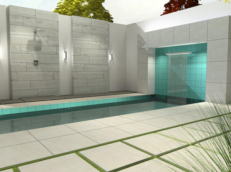 RAKO | Vizualizace pokládky dlažby s 2 cm zesílenou tloušťkou k bazénu. Použité různé druhy pokládky suchou cestou (na terče, do trávy s mezerami i s minimálními mezerami).