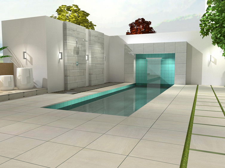 RAKO | Vizualizace pokládky dlažby s 2 cm zesílenou tloušťkou k bazénu. Použité různé druhy pokládky suchou cestou (na terče, do trávy s mezerami i s minimálními mezerami).