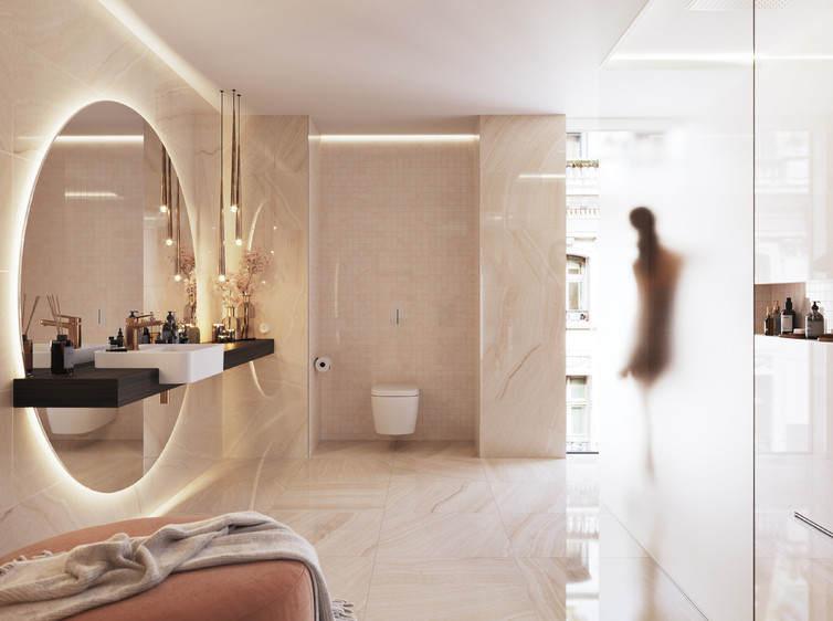 RAKO | Koupelna s imitací mramoru typu onyx s originální barevností a žilkováním v béžových tónech.