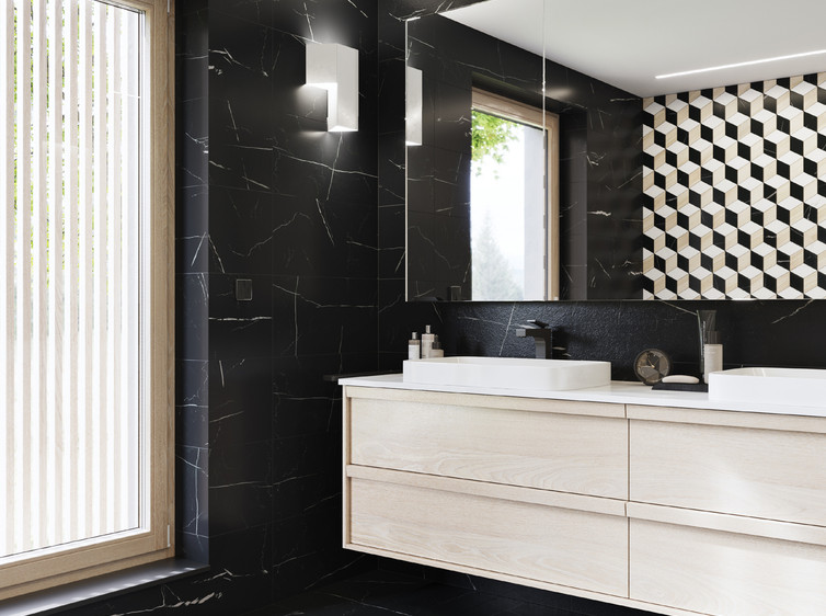 RAKO | Koupelna s designem černého mramoru se světlým žilkováním. Šestiúhelníková dekorace.