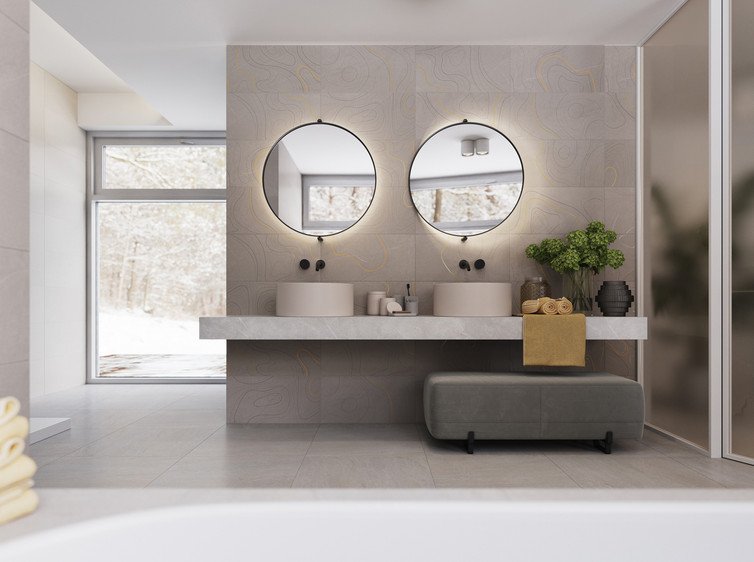 RAKO | Koupelna s vyobrazenými vrstevnicemi v béžových a šedých odstínech.