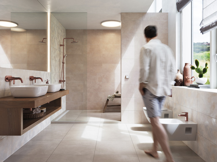 RAKO | Koupelna s imitací betonové stěrky a dekorací listů s třpytivým reliéfem.
