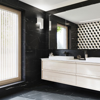 RAKO | Koupelna s designem černého mramoru se světlým žilkováním. Šestiúhelníková dekorace.