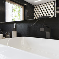 RAKO | Koupelna s designem černého mramoru se světlým žilkováním. Šestiúhelníková dekorace.