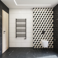 RAKO | Koupelna s designem černého mramoru se světlým žilkováním. Šestiúhelníková dekorace.